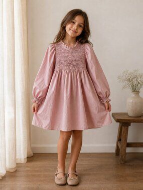 NWT Zara Girl Blush Oversized Smocked Dress Balloon Long Sleeve Sz 13-14